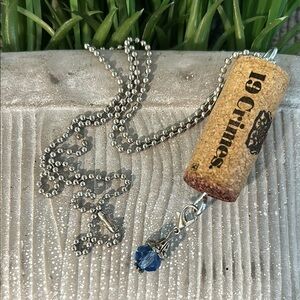 19 Crimes Wine Cork Necklace with Blue dangle crystal gem NEW handmade